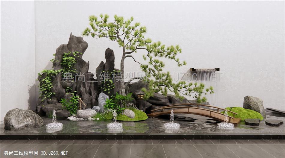 新中式假山水景 石头 景观石 小桥 松树 庭院小品 水景 水钵1