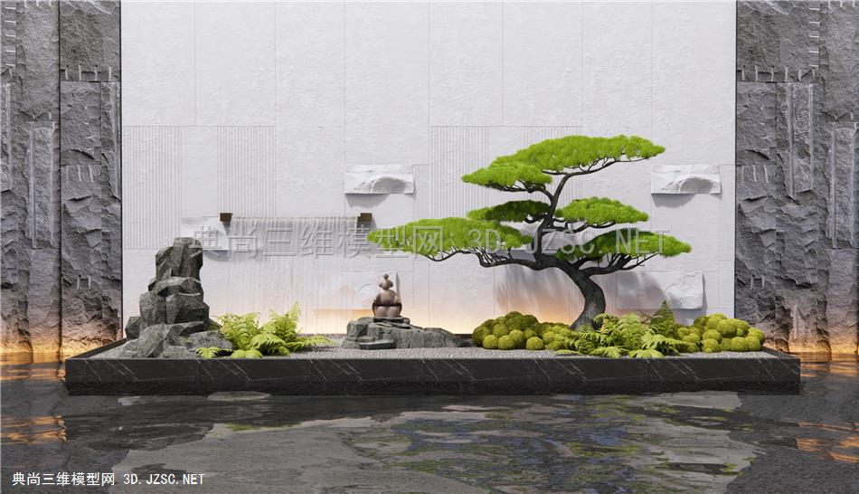 新中式庭院小品 假山水景 跌水景墙 苔藓 罗汉松 景观石头