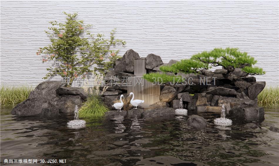 现代假山水景 假山石头 叠水 水景 罗汉松 小鸭雕塑小品