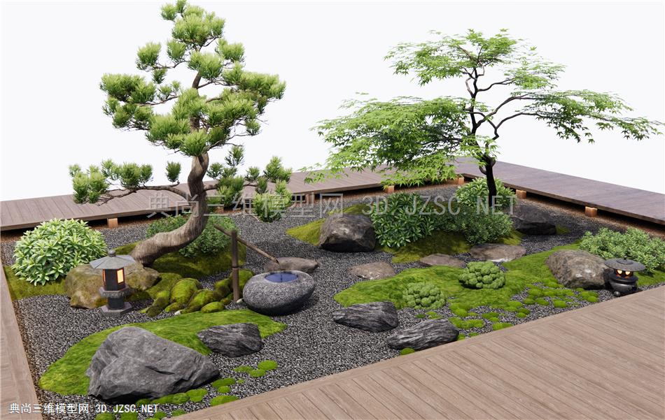 新中式庭院景观小品 枯山水造景 石头 苔藓 微地形 景观树 松树 枫树