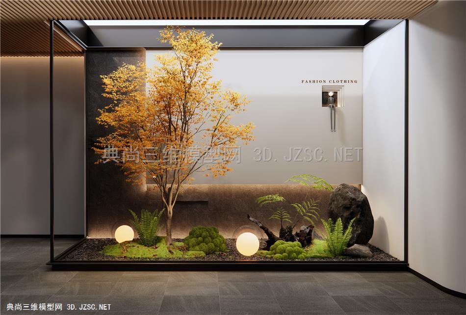 现代庭院景观小品 室内造景 景观树 蕨类植物 背景墙1