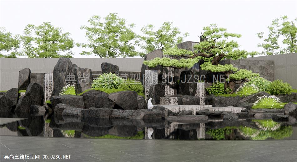 新中式假山水景 叠水景观 石头 水景叠石 迎客松 跌水瀑布 植物景观