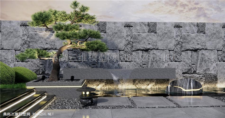 新中式流水景墙 庭院景观小品 景观松树 石头景墙 原创