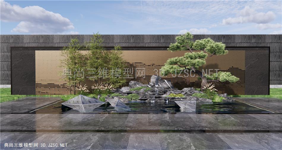 新中式景墙 假山水景 雕塑小品 示范区景观 石头 景观树 原创