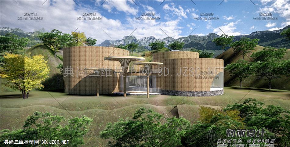 现代艺术展览馆熊猫馆SU模型、附效果图源文件