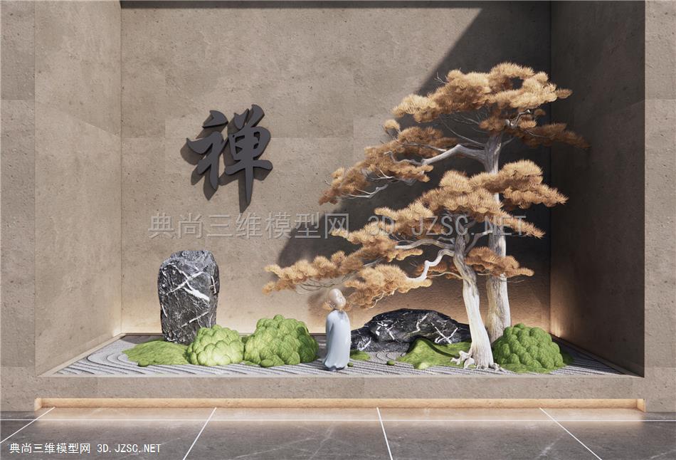 新中式松树石头庭院小品 禅意景观小品 石头假山 苔藓植物 迎客松1