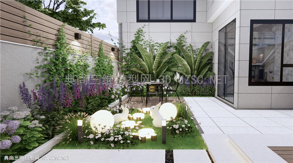 现代庭院花园 花草植物 花卉 绿植 户外桌椅 流水景墙 景观树 兔子雕塑小品1