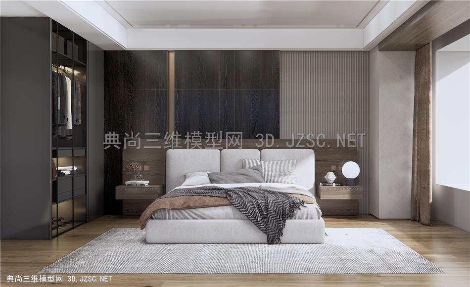 现代家居卧室 布艺双人床 衣柜 床头柜 台灯1