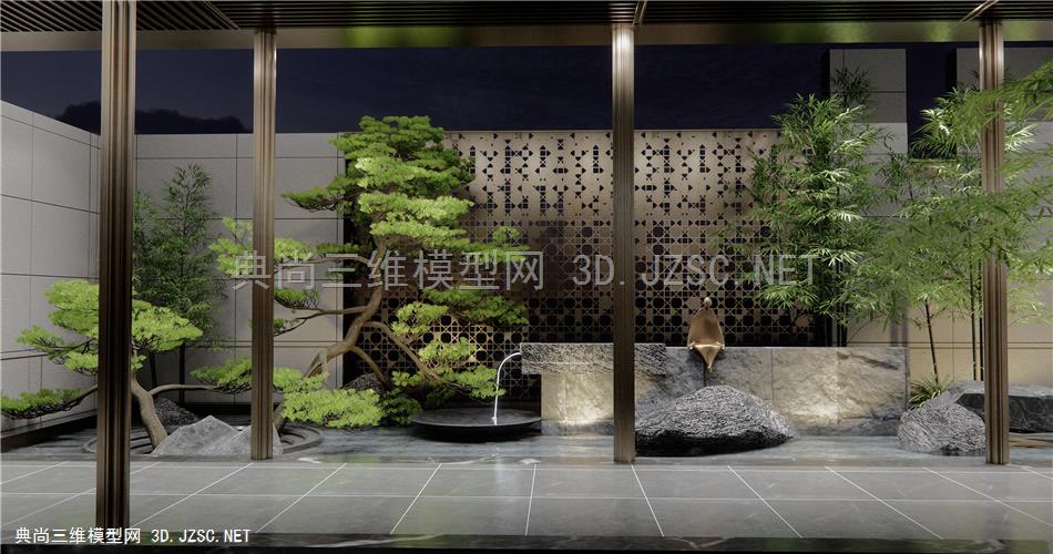 新中式跌水景观 假山水景 示范区景观 庭院水景小品 景墙 跌水景观 石头 假山 中庭水景 松树1