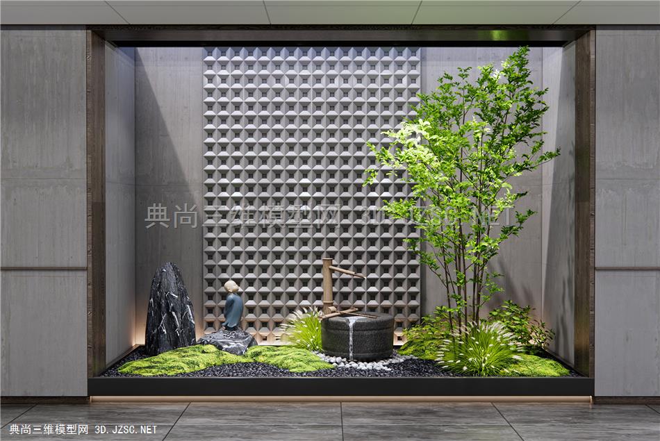现代室内景观造景 植物景观 水钵 乔木 植物堆 石头 景观石