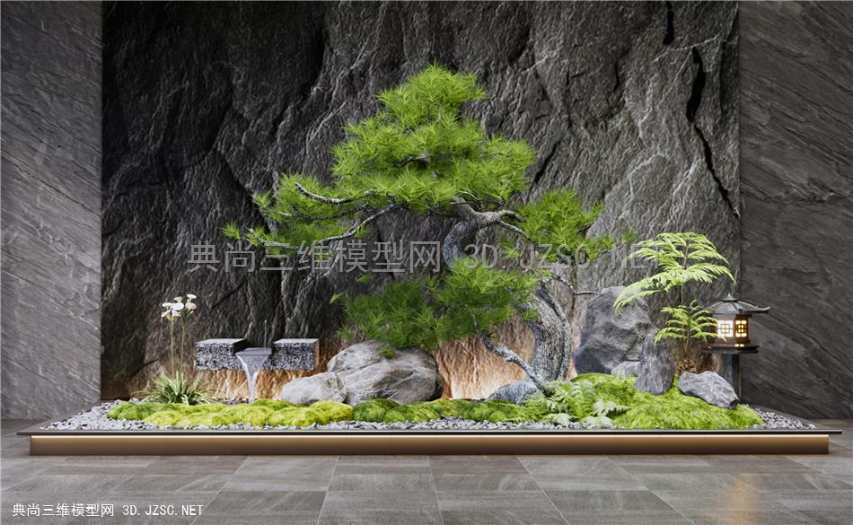 现代室内景观造景 庭院小品 流水松树 水钵 植物景观 石头 景观石 石灯 石头背景墙