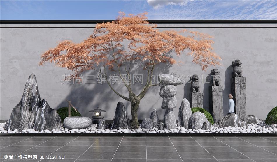 新中式枯山石庭院景观 石头假山 景观树 园艺景观小品1