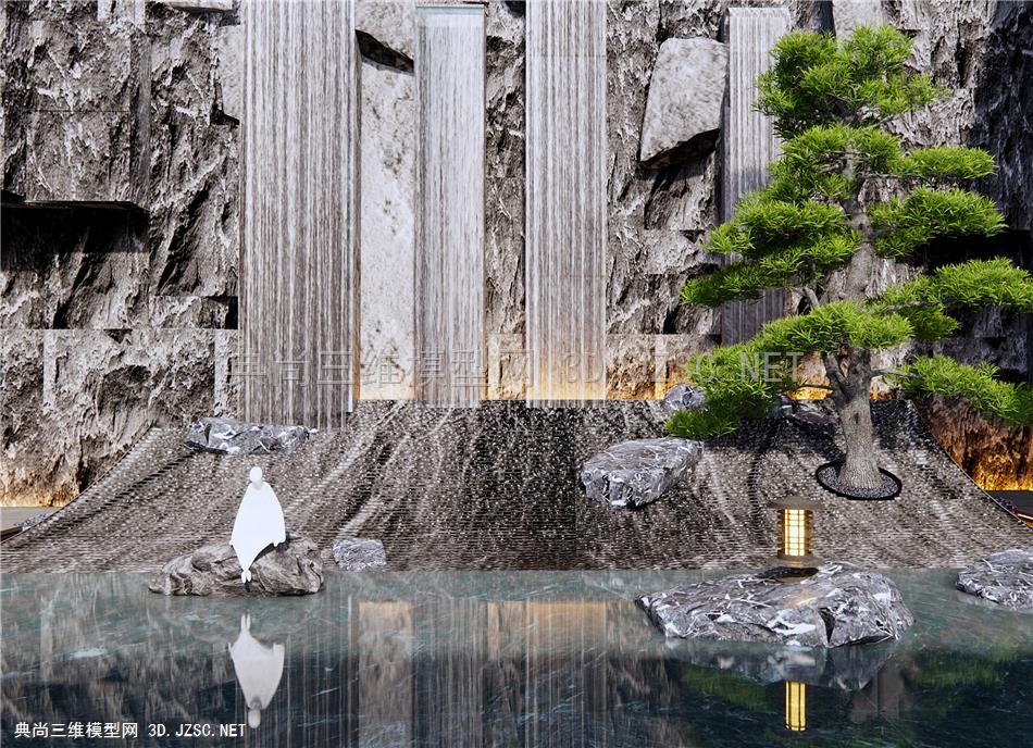 现代跌水景墙 假山水景 石头 庭院景观