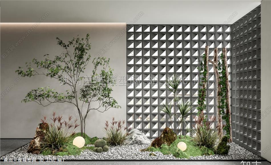 现代庭院小品 景观树 石头 木头 苔藓 草 鹅卵石 空心砖隔断626