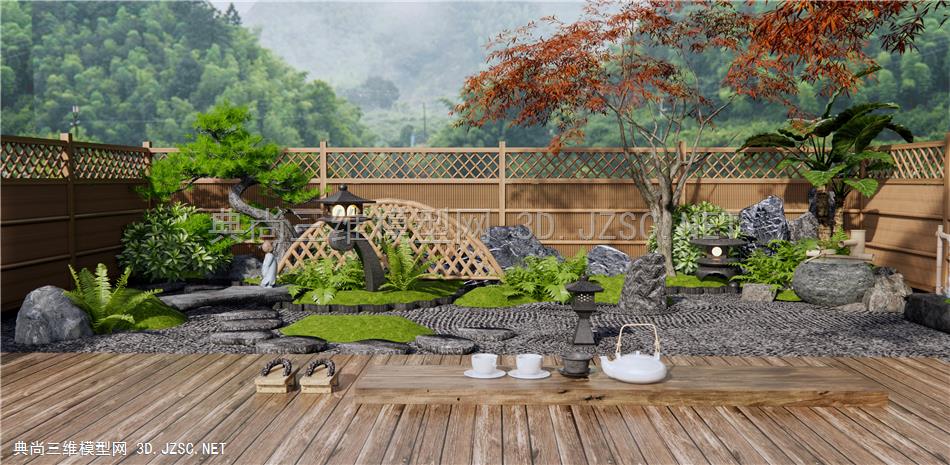 日式禅意庭院景观 枯山水 景观石 植物景观 水钵 石笼灯1
