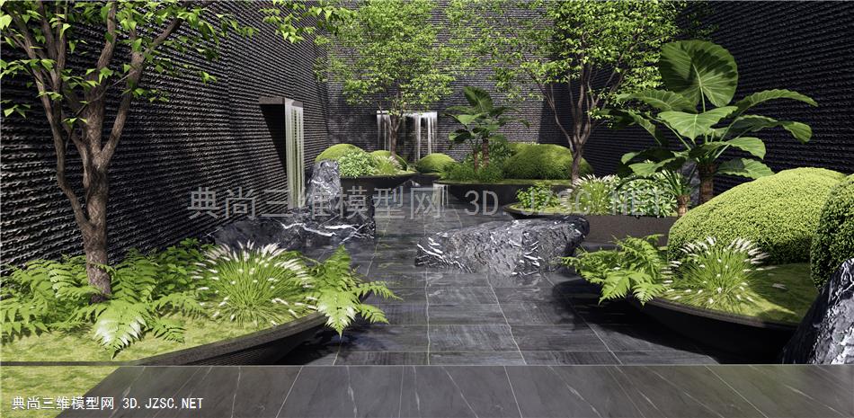 现代假山水景 跌水 庭院水景 景观造景 植物景观 灌木 乔木 石头 景观石