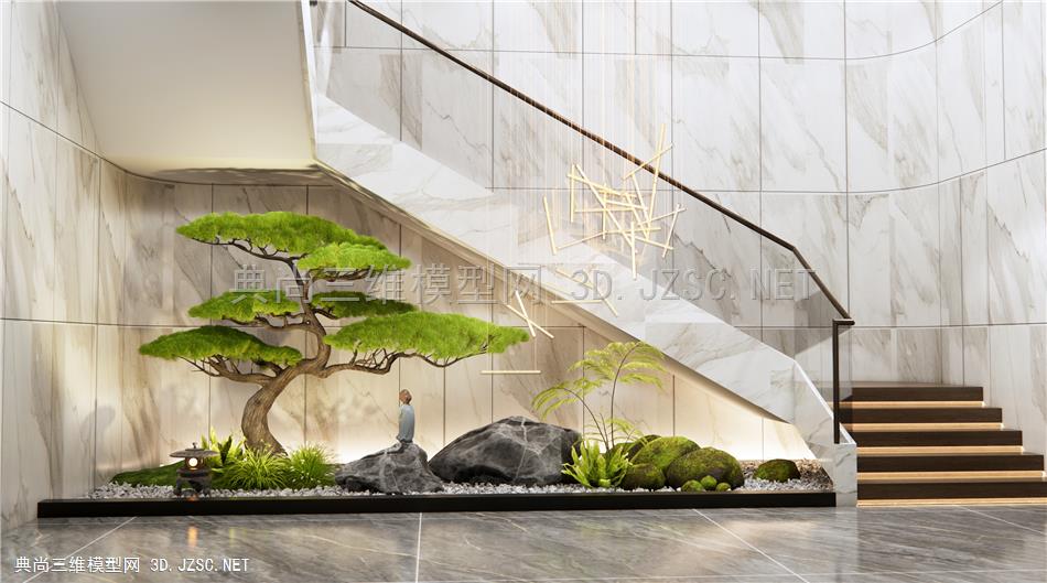 新中式楼梯间景观造景 庭院小品 假山石头 松树1