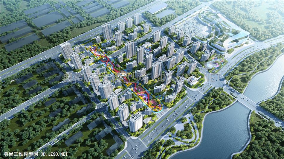 现代风格住宅社区带景观场景模型+大区景观设计模型
