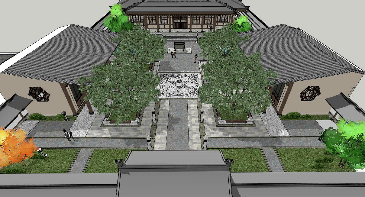 中式禅院庭院四合院庭院古建筑庭院全模模型su模型