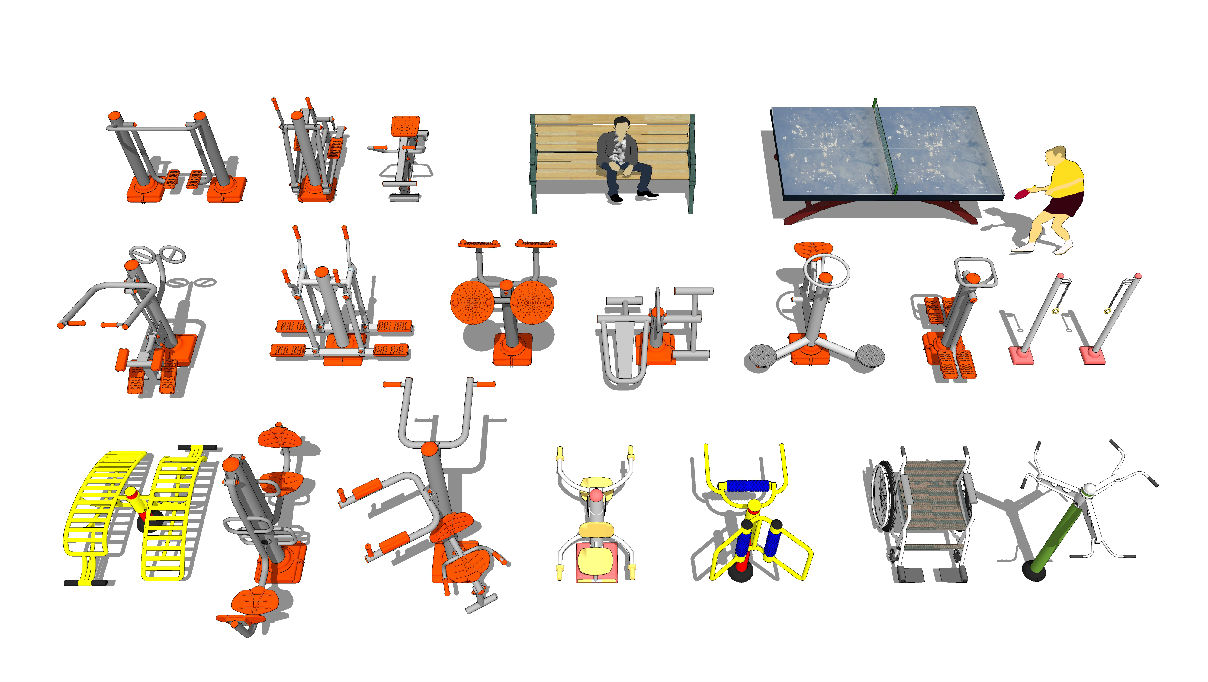 现代户外健身器材运动器材公共健身设施共27套su模型