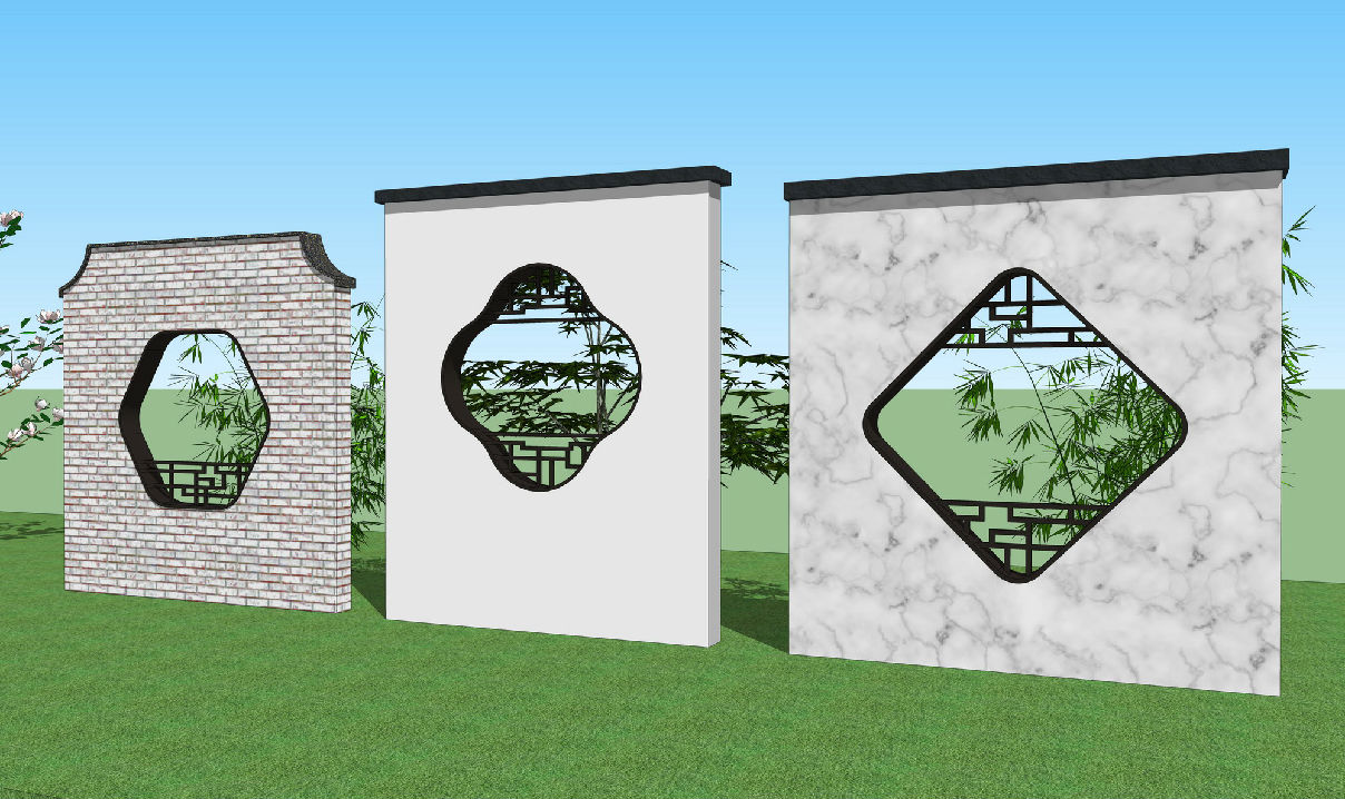 框景漏景景牆中式景觀牆景牆影壁牆中式紋樣景觀牆su模型
