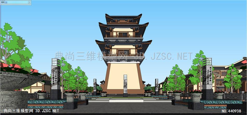 (精品)古建漢代仿古商業街001su模型 古建築su模型