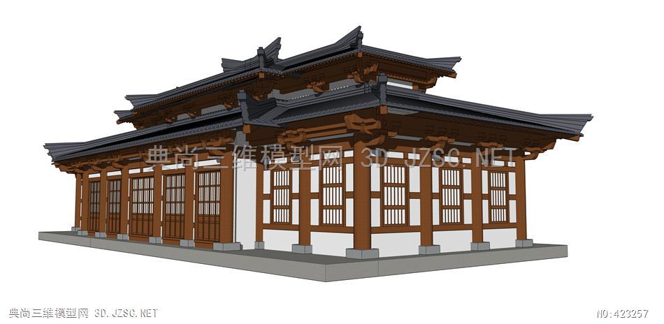 (精品)古建漢代重簷抱廈大殿003su模型 古建築su模型