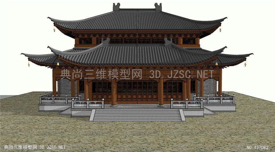 宋代寺廟廡殿頂帶抱廈二層大雄寶殿精細模型001su模型 古建築su模型