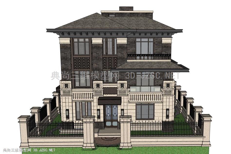 現代新中式簡約住宅別墅三層小洋房帶露臺廊架庭院泳池831su模型