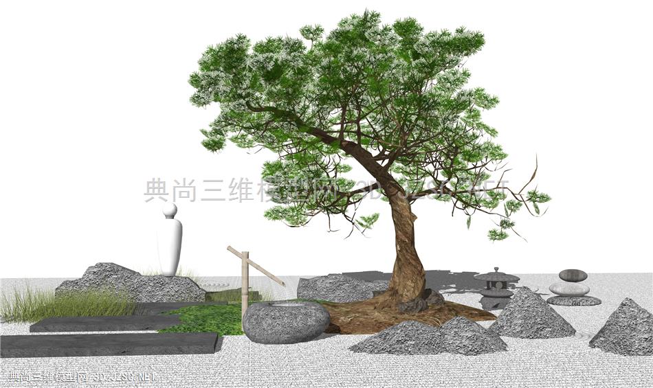 新中式庭院景观 景观小品 景观松树 禅意小品 枯山水石 园艺小景 原创