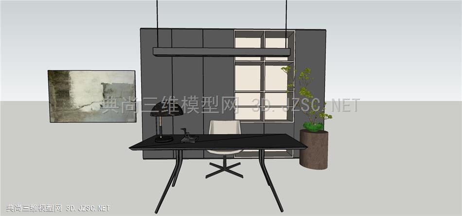 现代风格书桌椅台灯吊灯挂画植物组合
