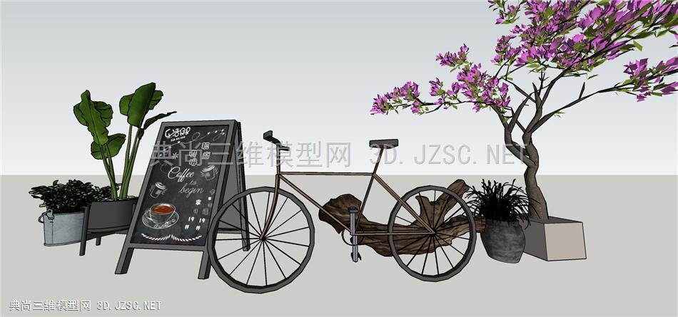 现代复古风格黑板单车植物树枝组合