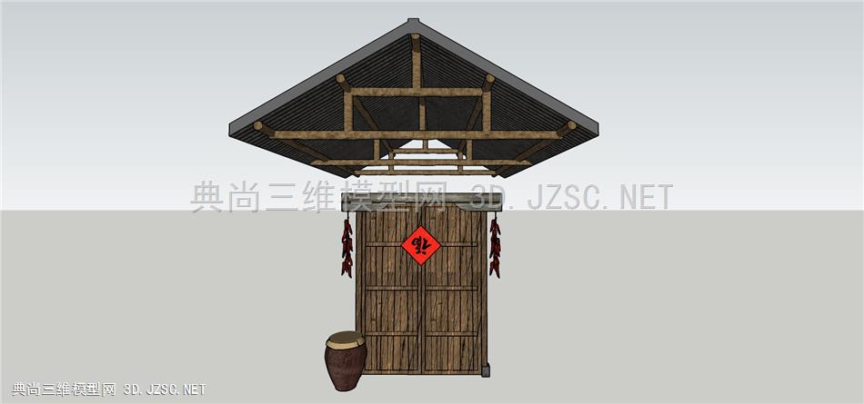 现代风格屋檐木门酒坛干辣椒组合