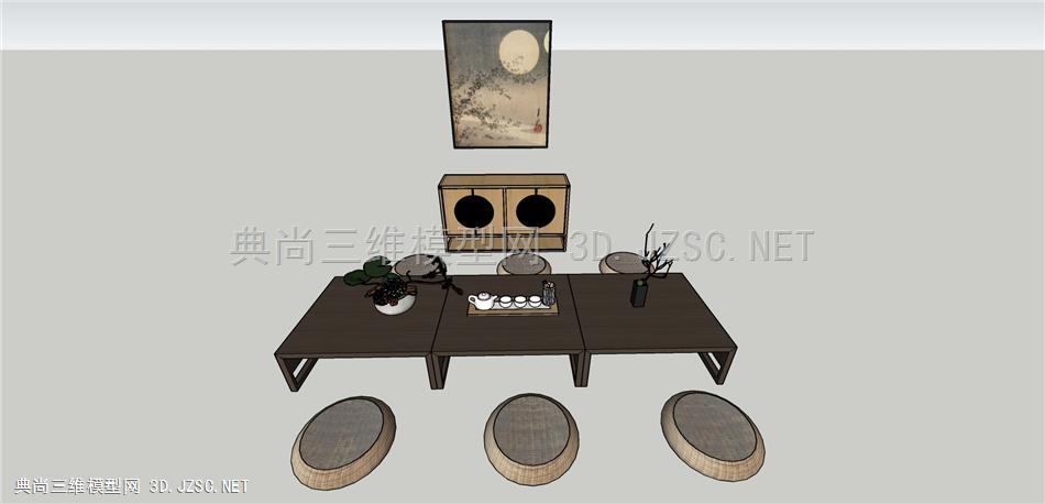现代风格茶室茶具蒲垫挂画组合