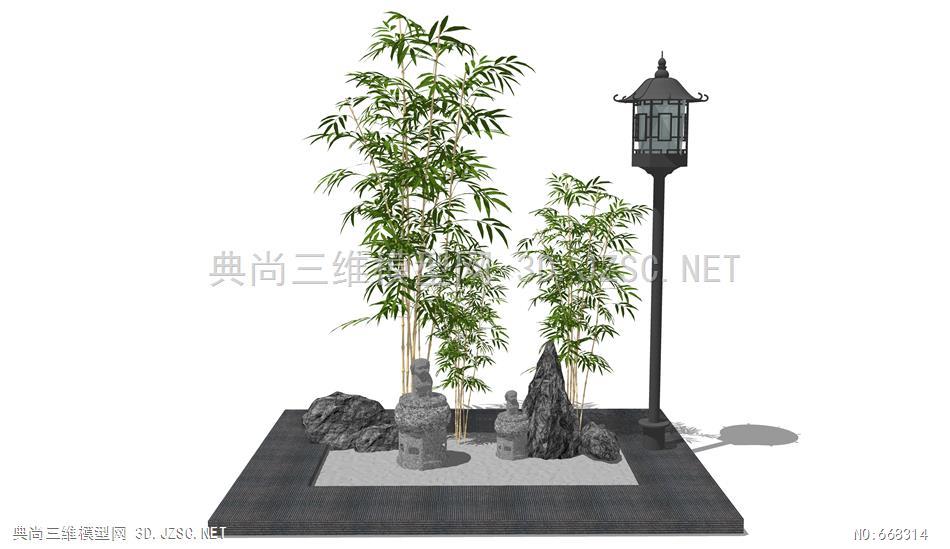 新中式禪意竹子景觀小品園藝假山石頭13su模型