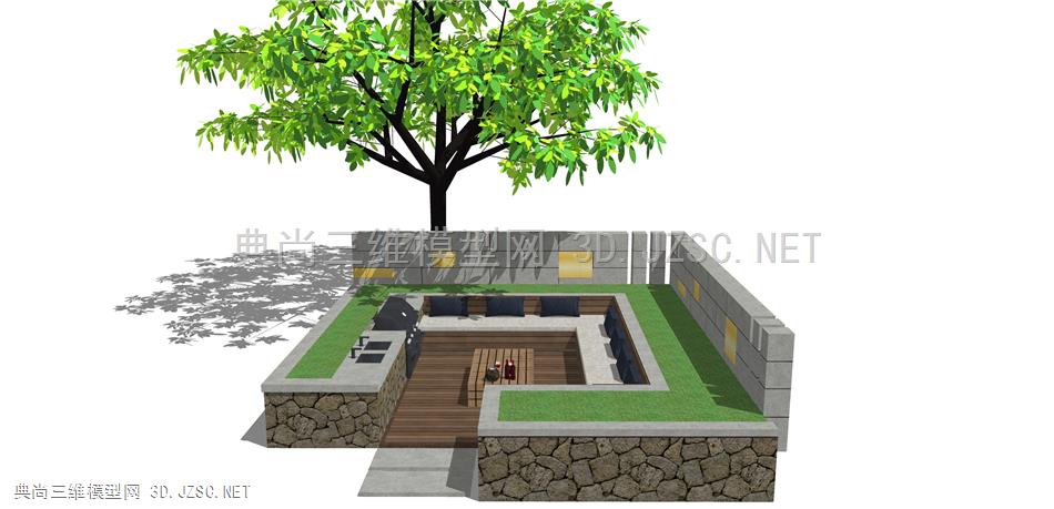 户外沙发 (32)  户外座椅SU模型 室外桌椅组合 现代户外庭院桌椅 下沉式户外沙发 陷入式户外沙发 树木 绿植  烧烤箱