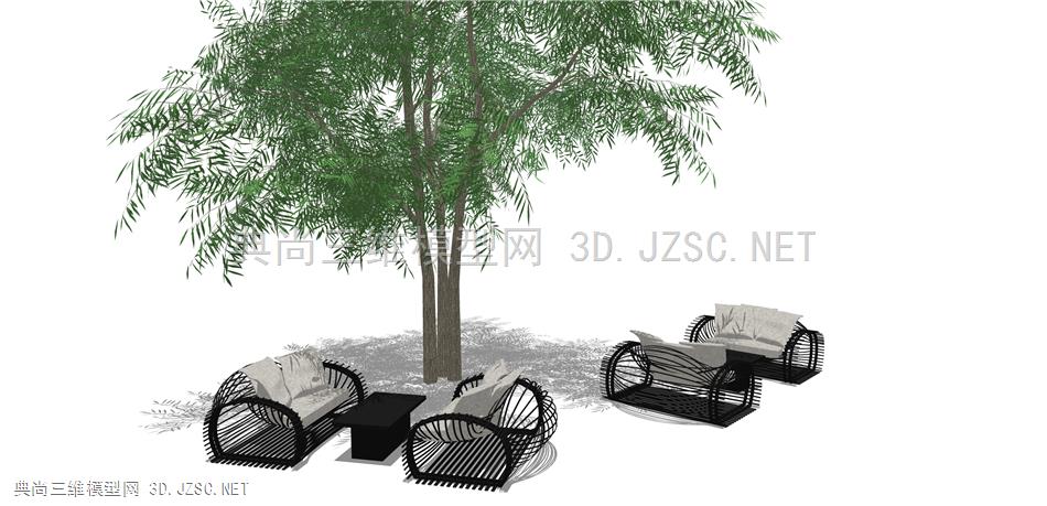 户外沙发(6)  户外座椅SU模型 室外桌椅组合 现代户外庭院桌椅 餐厅户外沙发桌椅组合 树 绿植