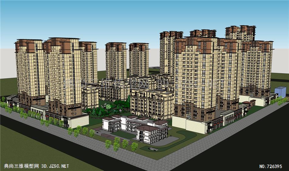 artdeco新古典主义住宅小区场景模型48临街裙楼商业街人行次入口门卫