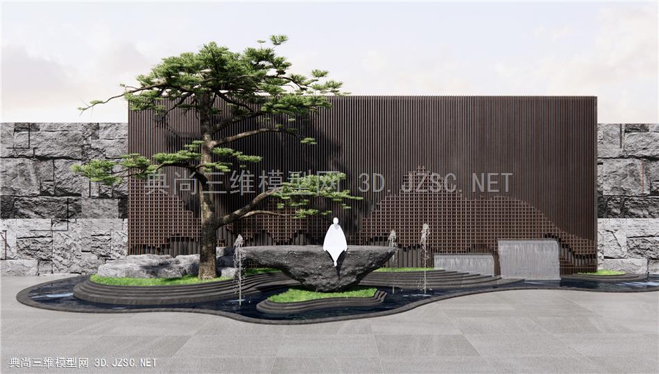 新中式景墙水景 石头假山 景观松树 山脉造型背景墙 庭院景观小品 原创