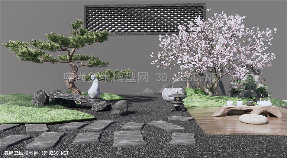 日式禅意庭院景观 枯山水景观小品 樱花树 松树 庭院小品 石头