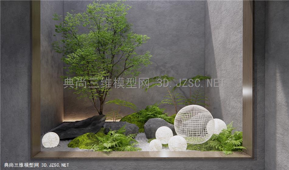 现代庭院植物小品 石头 植物堆 蕨类植物 肾蕨 苔藓