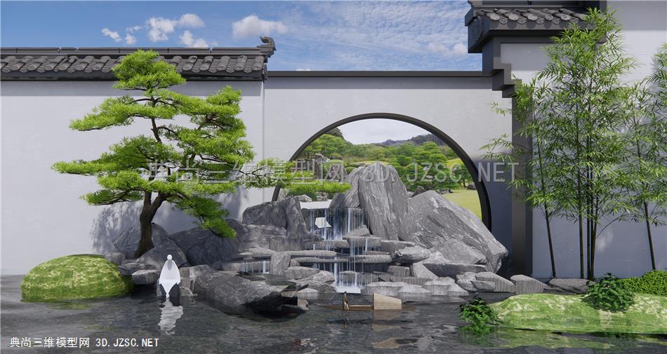 新中式假山水景 跌水景观 庭院景观小品 景墙 石头 松树