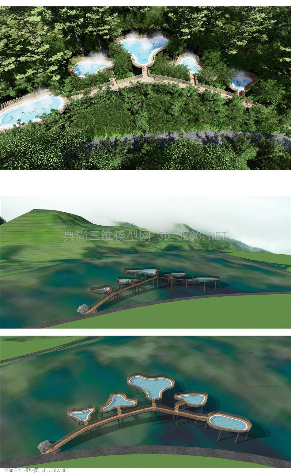 现代养生森林公园  泡池温泉  架空竹木栈道  康养度假村  森林平台