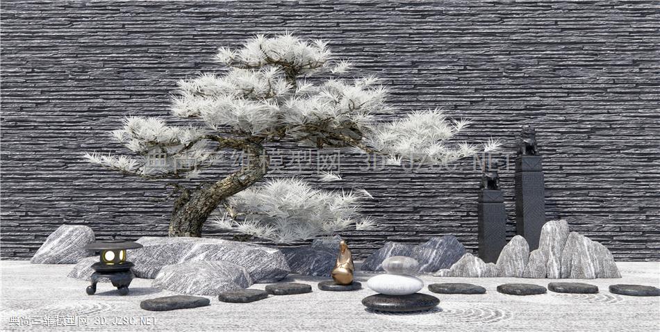 新中式石头松树庭院小品 景观石 雪花石 泰山石 枯山石庭院