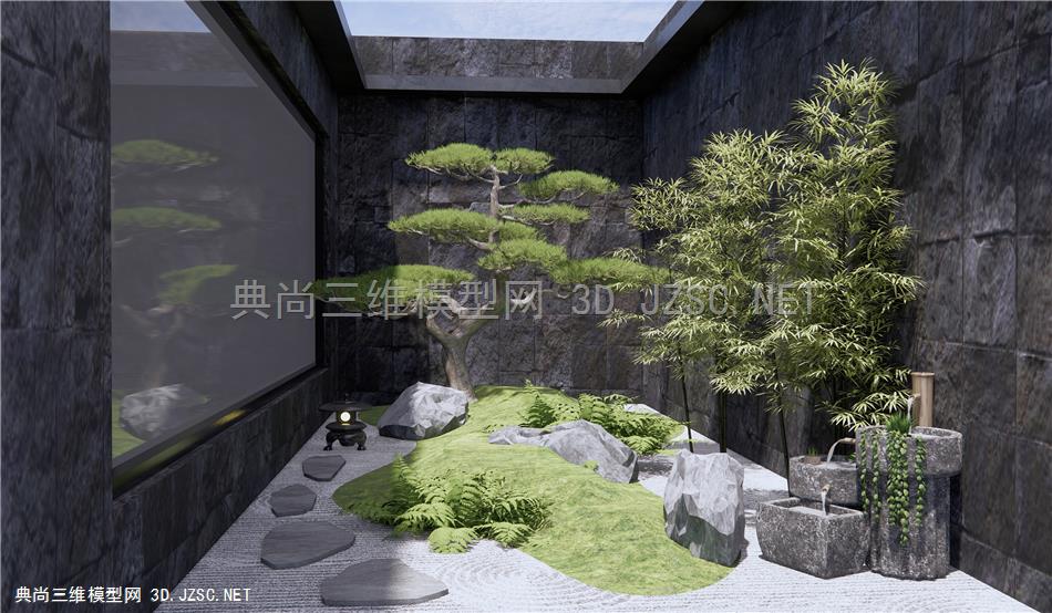 新中式庭院景观小品 中庭开井景观 石头小品 迎客松 枯山水石 禅意景观