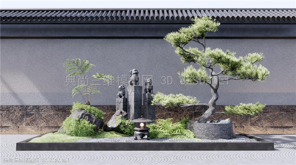 新中式庭院景观小品 假山石头园艺小品 景观石 造型松树 拴马桩 蕨类植物景观