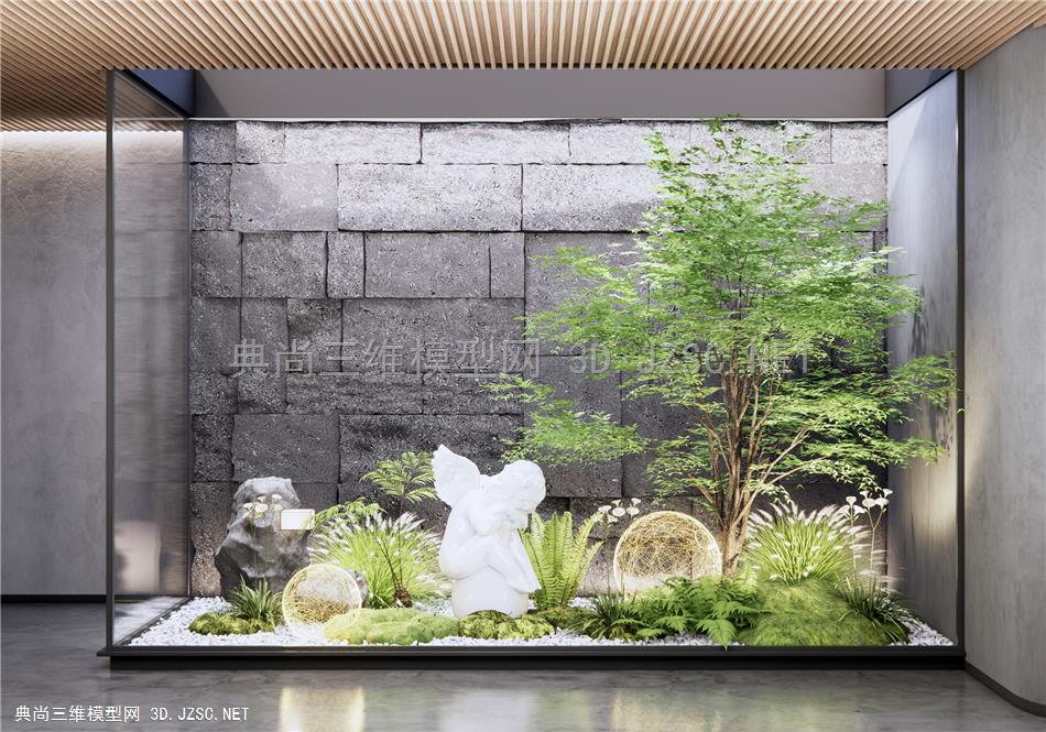 现代庭院小品 植物堆 天井景观 室内植物景观 石皮墙 景观树 雕塑小品1