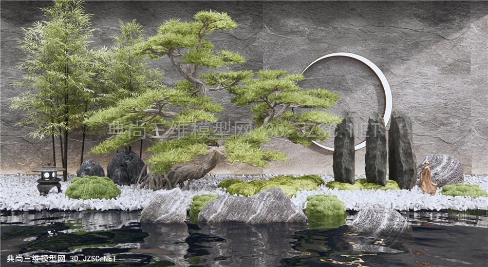 新中式枯山水庭院景观小品 石头 置石 松树 竹子小品 苔藓植物1