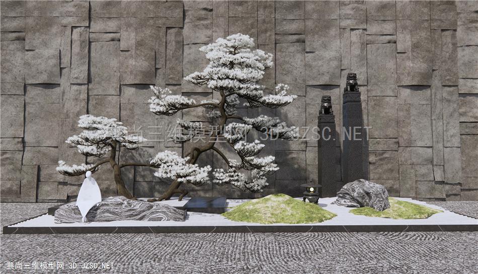 新中式庭院景观小品 石头背景墙 枯山石庭院 松树景观树 禅意石头景观1