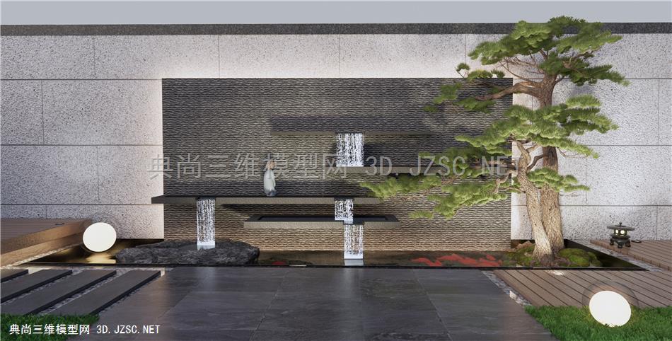 新中式跌水景墙 松树水钵景观小品 庭院小品 石头1